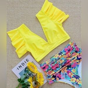 SPORLIKE Women High Waisted Swimsuit Flounce Straps Bikini Bathing Suit * NWOT